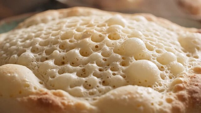 Closeup of freshly baked flatbread with bubbly texture.