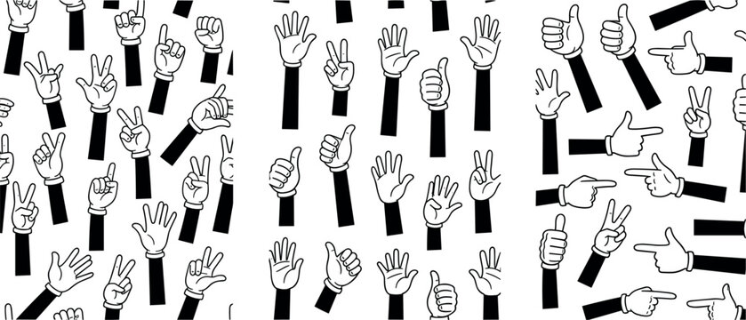 Hand gesture collection with thumbs up pointing peace sign and counting fingers black and white cartoon vector set isolated