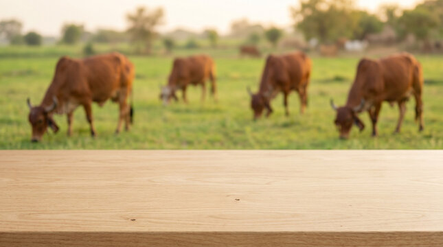 wooden table with soft focus gir cows grazing in rural indian field background representing organic dairy farming milk products and traditional agriculture concept