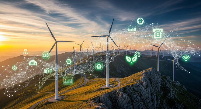 Eco technology network connected to mountain wind turbines at sunset perfectly for conceptualizing smart grids and future renewable power infrastructure