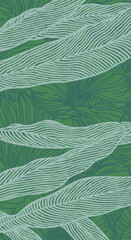 Obraz premium Hand drawn brush lines Japanese inspired tropical leaf in vintage woodcut style background. Ethnic and tribal block print, hand paint texture graphic for banner, textile and carpet.