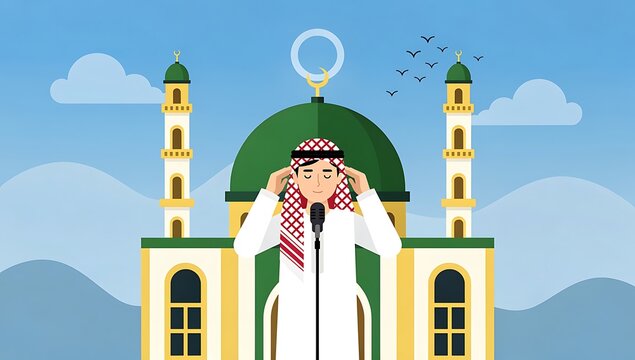 Eid Adha  Muslim muezzin in traditional white thobe and red ghutra calling to prayer at mosque with minarets against blue sky