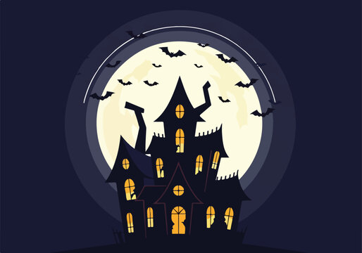 A spooky haunted house under a full moon with bats