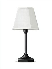 Fototapeta premium Classic Black Base Table Lamp With White Textured Fabric Shade On White Background