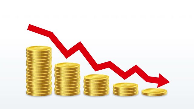 Financial decline concept with falling red arrow and decreasing stacks of gold coins. Representing business loss, economic downturn, falling profits, reduced savings and recession