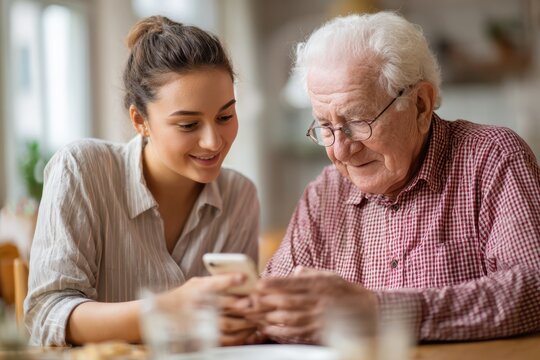 Young woman helps elderly man use smartphone, close-up over-the-shoulder view indoors