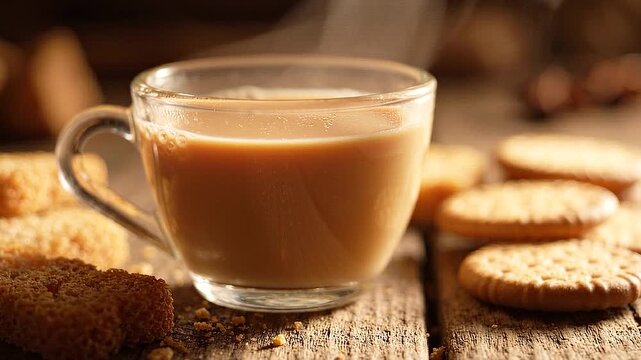 Cup of hot Indian masala chai and biscuits on wooden table.