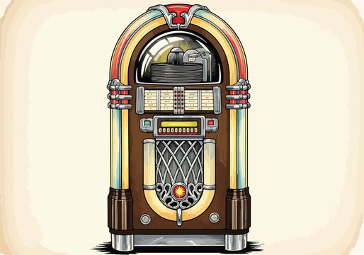 A colorful illustration of a vintage jukebox with a rounded top