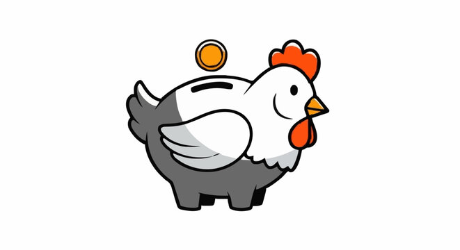 Central piggy bank with chicken head inserting coin to right in graphic