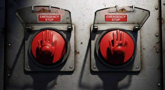 Pair of Industrial Emergency Stop Buttons with Prominent Red Hand Symbols