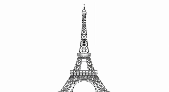 Intricate monochrome line drawing of the iconic Eiffel Tower, capturing its detailed iron latticework and soaring silhouette against a stark white background, conveying a classic Parisian la
