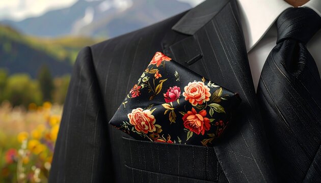 A man's suit jacket with a floral pocket square