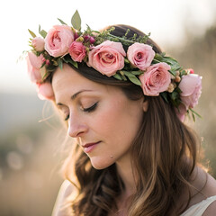 Naklejka premium A woman wears a delicate floral crown of soft pink roses.