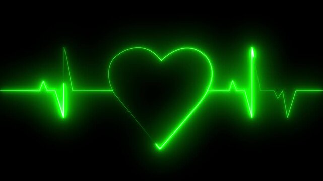 Neon green heartbeat ekg monitor pulse line animation on 4k black background medical