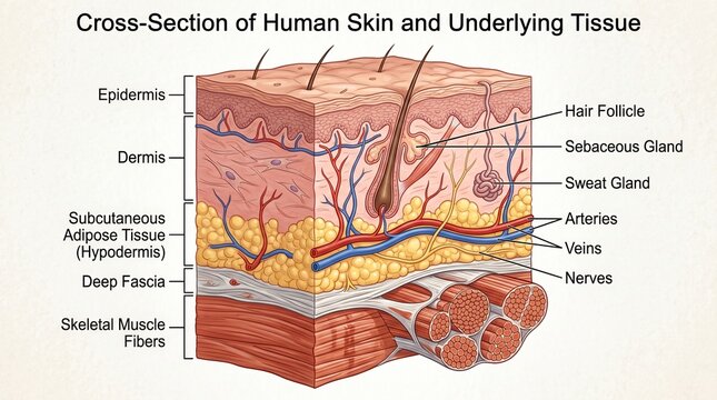 Detailed cross section illustration of human skin layers and underlying tissues with labels