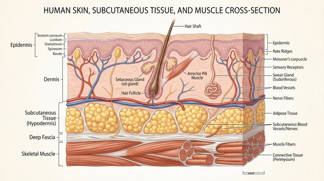 Detailed cross section diagram illustrating human skin subcutaneous tissue and skeletal muscle layers