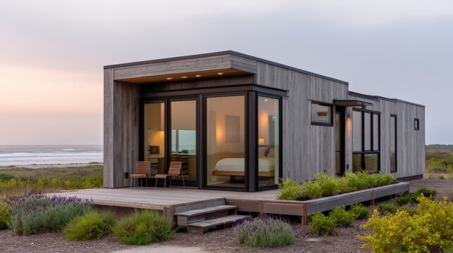 A modern tiny house with large glass windows sits on a wooden deck surrounded by coastal vegetation, overlooking the ocean at sunset.