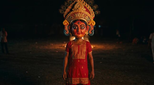 Traditional Indian Purulia Chhau Dancer Posing in Enormous Ceremonial Deity Mask