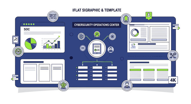 Cybersecurity operations center infographic template with data charts and icons