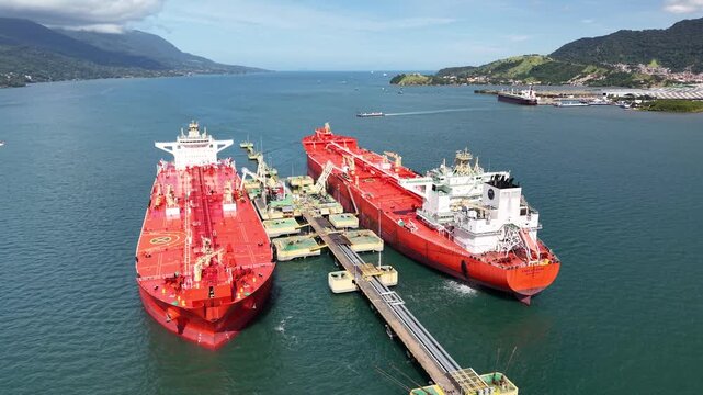 Oil Tankers docked at the Port of S&atilde;o Sebasti&atilde;o highlights the region&rsquo;s importance for logistics and maritime trade on the north coast of S&atilde;o Paulo - S&atilde;o Sebasti&atilde;o, S&atilde;o Paulo, Brazil