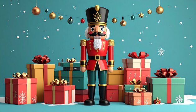 A nutcracker soldier stands among colorful presents