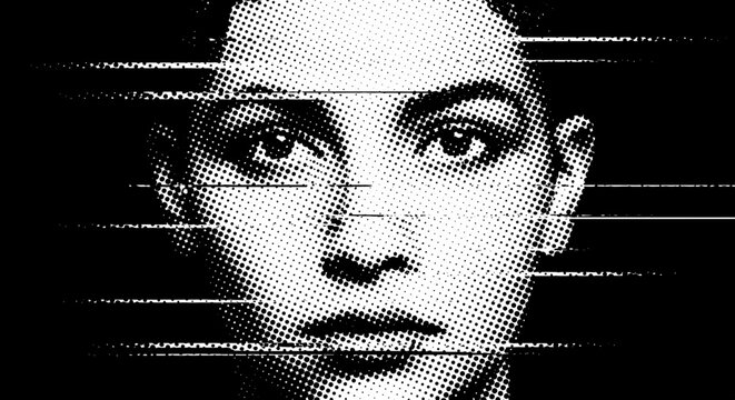 Glitchy woman face, distorted portrait, black and white
