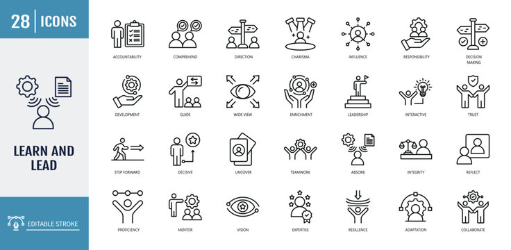 Learn and lead icon set. Icons Includes knowledge, study, grow, development, exploration, training, adaptation. Outline icon set. Vector illustration with editable stroke