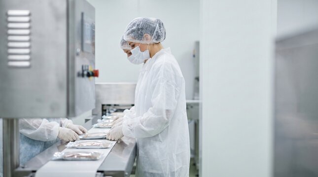 Workers in sterile attire packaging products on a conveyor belt in a clean production facility
