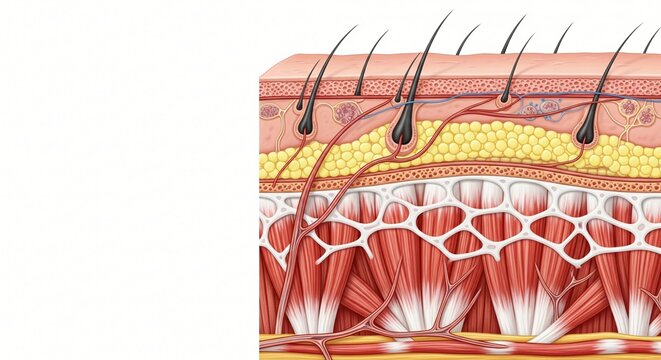 Cross section of human skin layers showing hair follicles blood vessels fat cells and muscle tissue