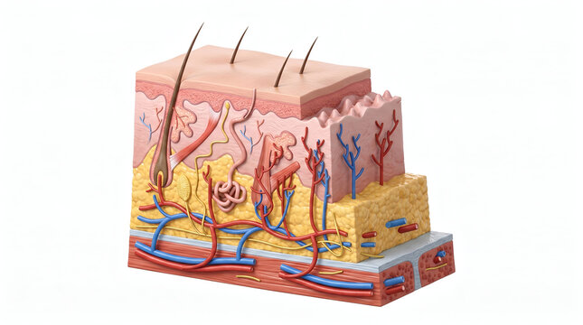 Cross-section of human skin illustrating epidermis, dermis, and subcutaneous layers with detailed structures including hair follicles, blood vessels, and nerves