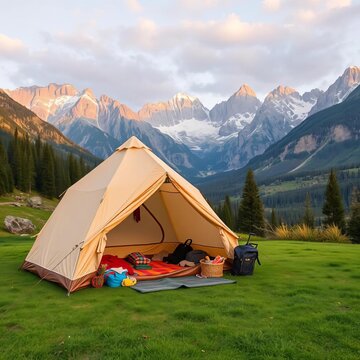Cozy beige tent rests on green lawn, camping essentials await, majestic summer mountains backdrop, ultra wide vista,  table,  vista