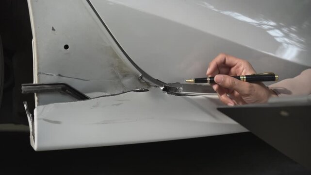 Close-up of a white car's damaged lower side panel with scraped paint and bent metal; a hand holding a pen points at a crack and dent near the wheel well