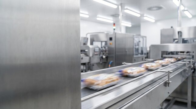 Automated food production line with packaged bread products moving on a conveyor belt
