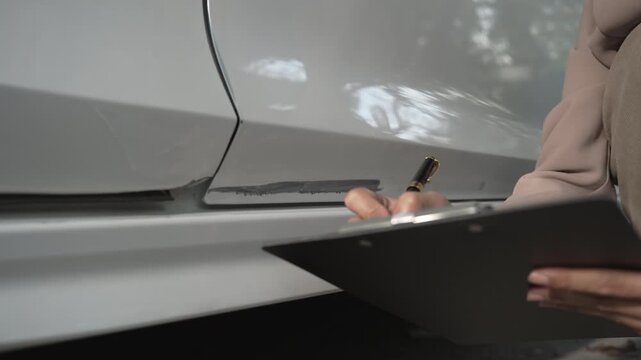 Close-up of car body panel with visible scratch and dent, while a person holds a clipboard and pen inspecting damage for insurance claim or repair estimate.