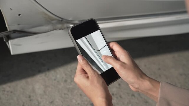Hands holding smartphone taking photo of car door dent or scratch for insurance claim documentation, close-up outdoors on pavement.