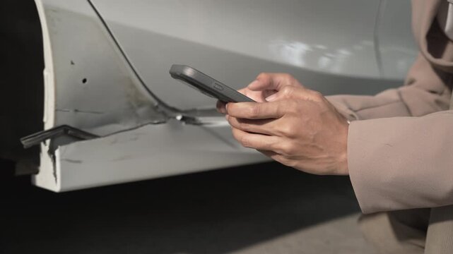 Closeup of a person holding a smartphone while photographing a damaged car side panel with dent and scratches, documenting an accident for insurance claim or repair estimate.