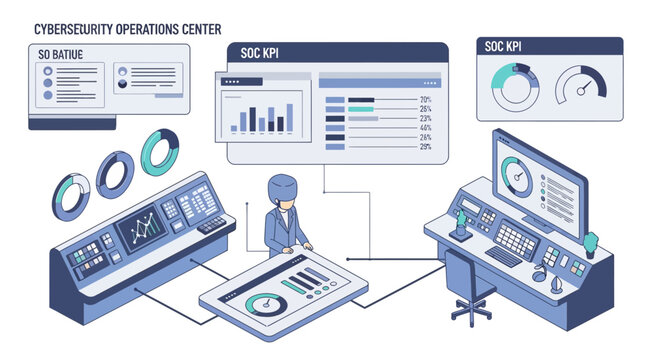 Cybersecurity operations center isometric illustration of a control room data flow