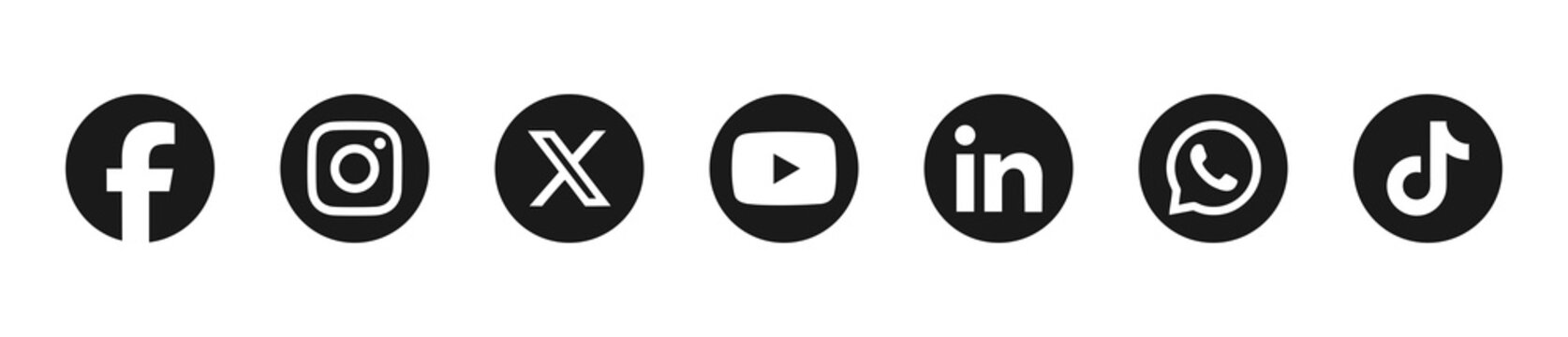 Social media logo icons svg . Facebook, Instagram, X , YouTube, LinkedIn, WhatsApp & TikTok . vector circle button set 2026	