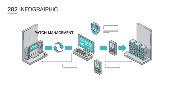 Isometric data flow infographic illustrating patch management and network security