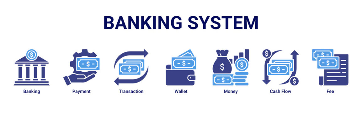 Banking System banner with banking,payment,transaction,wallet,money,cash flow and fee icons for fintech and digital finance concept