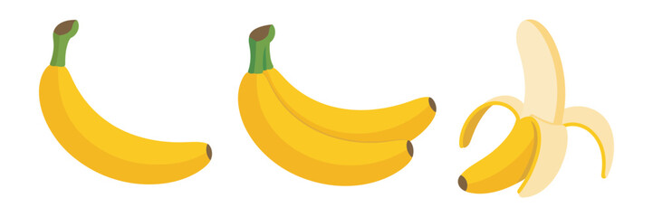 Fresh yellow bananas vector images in various stages single banana bunch of banana and peeled banana, healthy fruit snack concept clean vector illustration © Ayat0002
