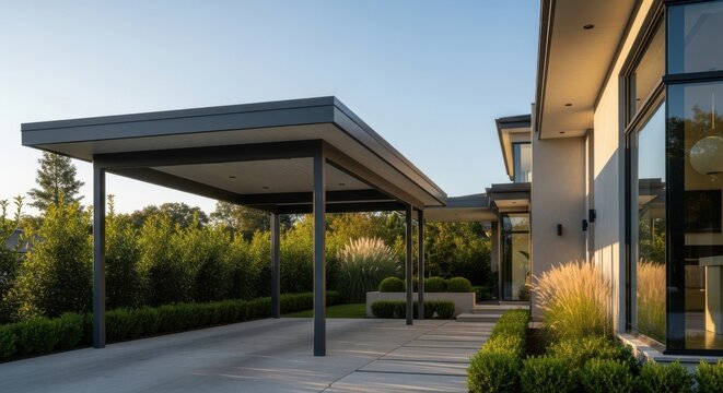 Modern minimalist carport with flat low profile roofline attached to contemporary residence