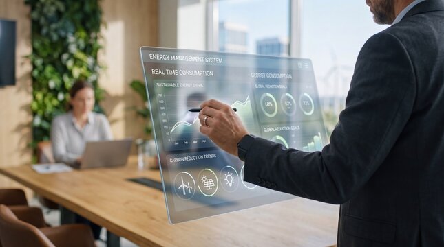 Man presenting real time energy consumption and carbon reduction trends on transparent screen in eco friendly office, sustainability goals, green business strategy meeting concept