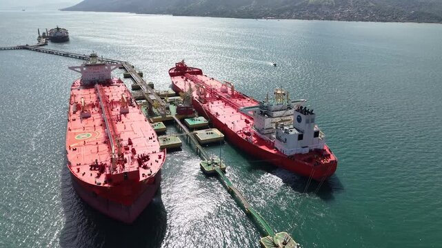 Oil Tankers docked at the Port of S&atilde;o Sebasti&atilde;o highlights the region&rsquo;s importance for logistics and maritime trade on the north coast of S&atilde;o Paulo - S&atilde;o Sebasti&atilde;o, S&atilde;o Paulo, Brazil