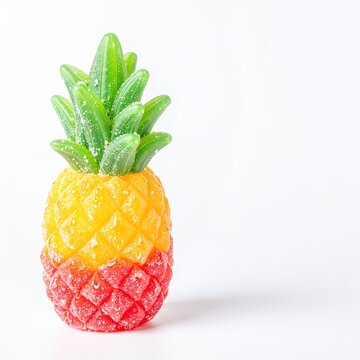 a ripe pineapple shaped like a round orange, with dimpled yellow-orange skin and a spiky green crown on top