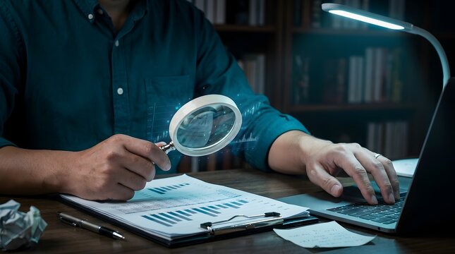 audit, documents, magnifying, glass, verification, Close-up of a person using a magnifying glass to inspect documents beside a laptop, representing auditing, verification, and detailed analysis.