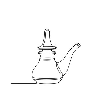 Continuous line drawing of neti pot for nasal irrigation yoga wellness equipment, healthy hygiene practice