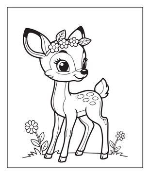 Forest animal coloring page for kids and adults of a cute deer decorated with flowres black outline vector illustration