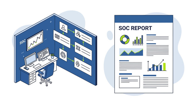 Isometric illustration of office workspace with soc report and data analysis