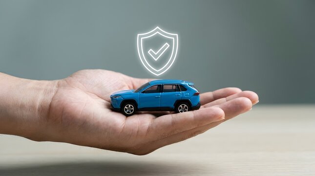 Hand holding a miniature car with protection shield icon, representing car insurance, financial security and risk coverage in modern vehicle ownership.